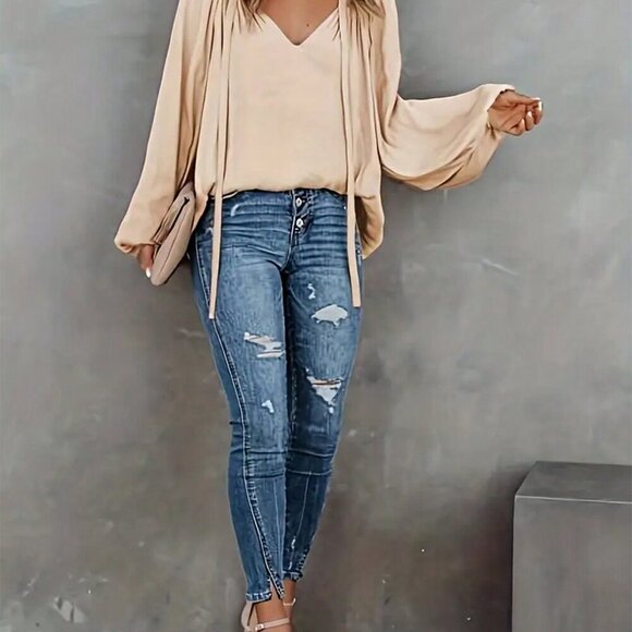 Apricot Casual Women's Elegant Tie Collar Ruffle Long Sleeve Blouse - Picture 3 of 4